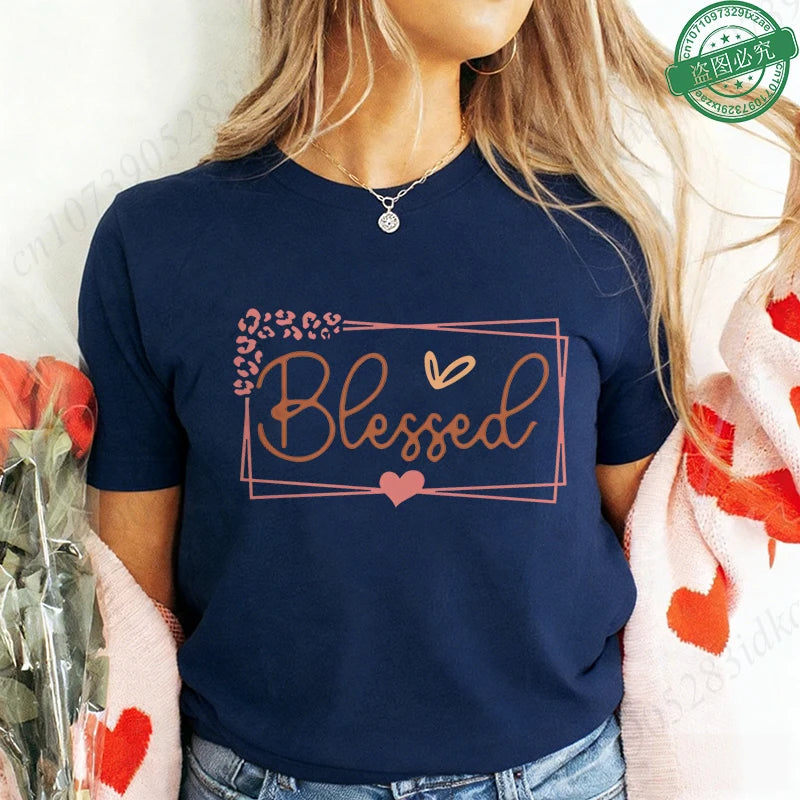 Blessed Floral Cross T-Shirt for Women, Flower Graphic Tee, Summer Short Sleeve O Neck Y2k Tops, Female Aesthetic Faith Clothing